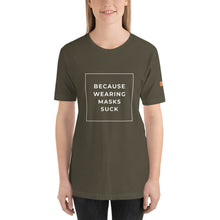 Load image into Gallery viewer, BECAUSE WEARING MASKS SUCK Short-Sleeve Unisex T-Shirt White Ink 2
